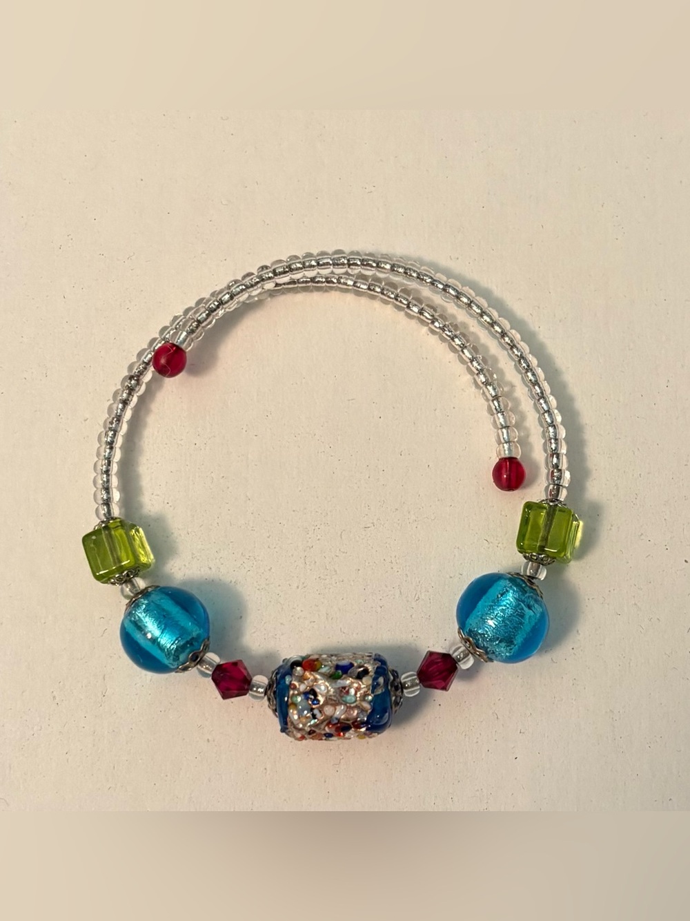 Multi-Color Beaded Coil Wrap Bracelet with Murano Style Center Bead